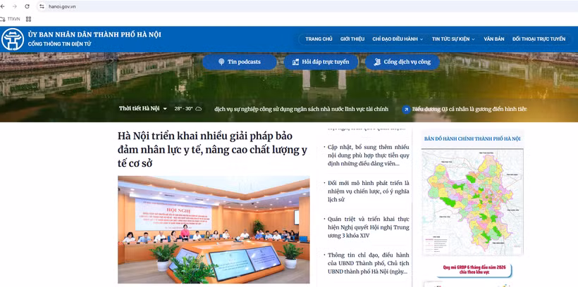 Giao diện Cổng Thông tin điện tử thành phố Hà Nội. 