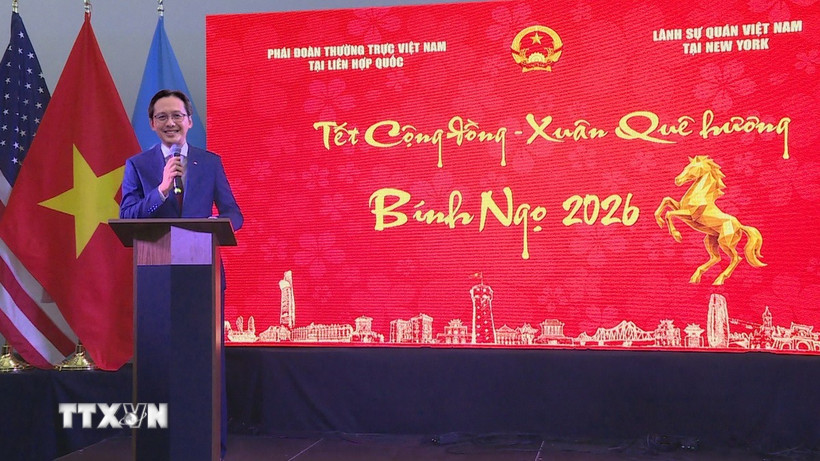 Đại sứ Đỗ Hùng Việt phát biểu chúc Tết. (Ảnh: Lê Hoàng/TTXVN)