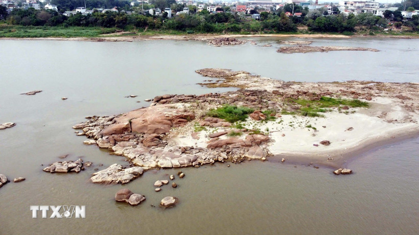 Mực nước sông Hồng xuống thấp gây trở ngại cho hoạt động vận tải thủy ở Phú Thọ. (Ảnh: Nguyễn Văn Cảnh/TTXVN)