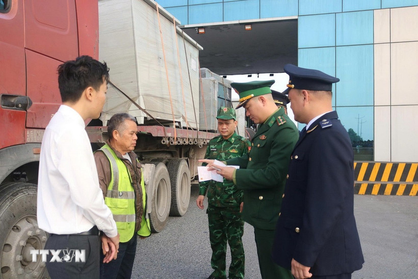 Hải quan Cửa khẩu Móng Cái làm thủ tục thông quan lô hàng nhập khẩu đầu năm 2026. (Ảnh: TTXVN phát)