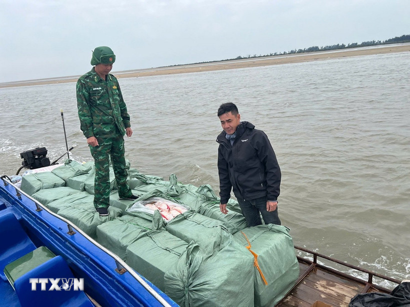 20 bao tải dứa màu xanh, bên trong chứa thịt vịt đông lạnh với tổng trọng lượng khoảng 1,2 tấn. (Ảnh: TTXVN phát)