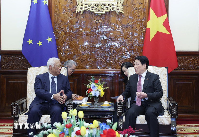 Chủ tịch nước Lương Cường và Chủ tịch Hội đồng châu Âu Antonio Costa hội đàm hẹp. (Ảnh: Lâm Khánh/TTXVN)