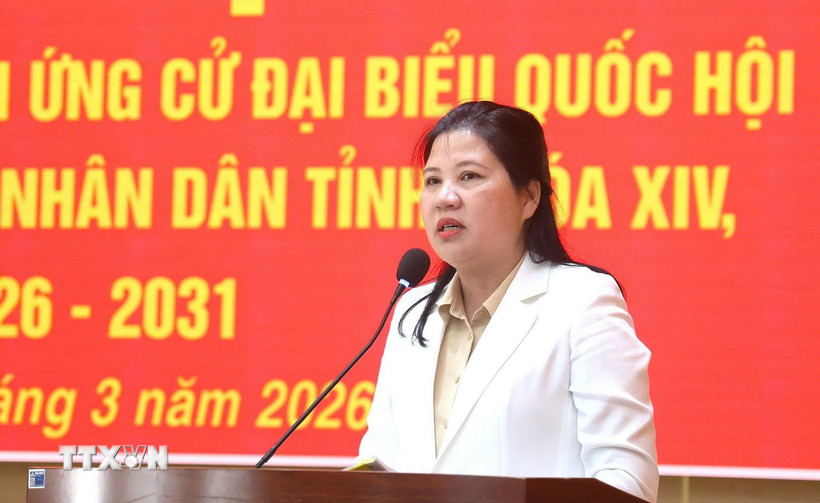 Phó Chủ tịch Hội đồng Dân tộc của Quốc hội Đinh Thị Phương Lan thông qua chương trình hành động với cử tri đặc khu Lý Sơn. (Ảnh: TTXVN phát)