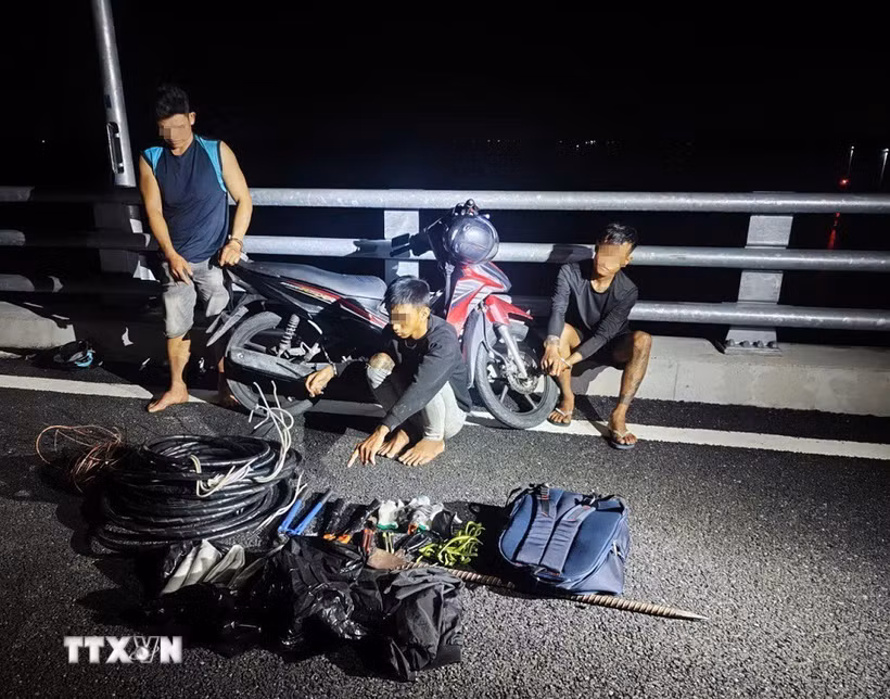 Các đối tượng cùng tang vật, phương tiện tại hiện trường. (Ảnh: TTXVN phát)