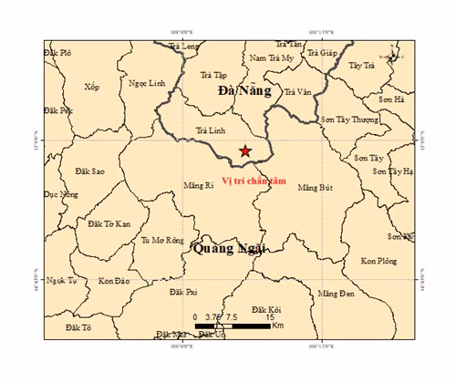 Vị trí chấn tâm. (Nguồn: Trung tâm Báo tin động đất và cảnh báo sóng thần, Viện Các khoa học Trái Đất)