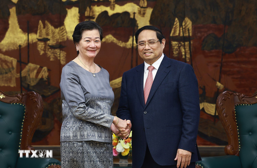Thủ tướng Phạm Minh Chính tiếp Đại sứ Vương quốc Campuchia tại Việt Nam Chea Kimtha đến chào từ biệt. (Ảnh: Dương Giang/TTXVN)