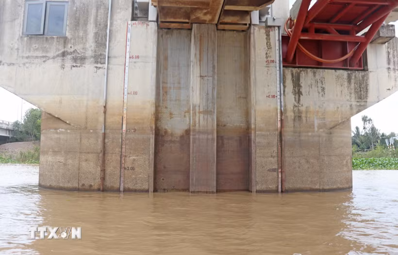 Tại thời điểm đóng cống, mực nước ở thượng lưu cống Trà Sư là trên 1,51m; hạ lưu cống Tha La xấp xỉ 1,5m. (Ảnh: Công Mạo/TTXVN)