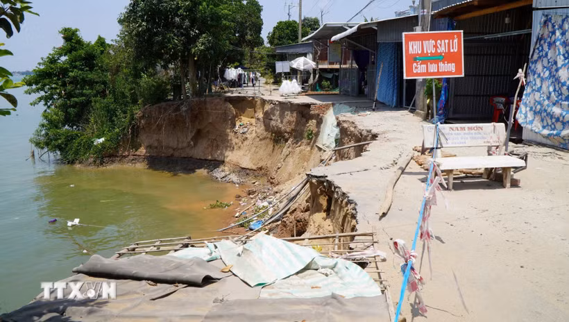 Sạt lở bờ sông Tiền (thuộc ấp Long Thạnh, xã Long Phú Thuận, tỉnh Đồng Tháp), cắt đứt đường giao thông. (Ảnh: Nhựt An/TTXVN)