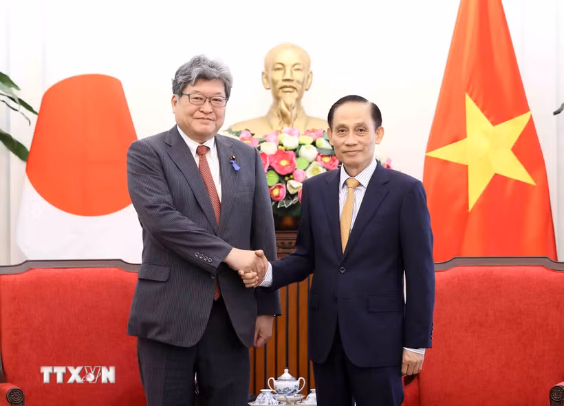 Bộ trưởng Ngoại giao Lê Hoài Trung tiếp Quyền Tổng Thư ký Đảng Dân chủ Tự do Nhật Bản Hagiuda Koichi. (Ảnh: An Đăng/TTXVN)