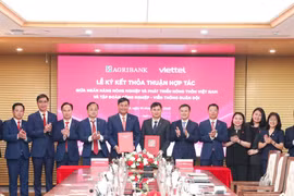 Đại diện Agribank và Viettel thực hiện nghi thức ký kết thỏa thuận hợp tác. (Ảnh: Vietnam+)