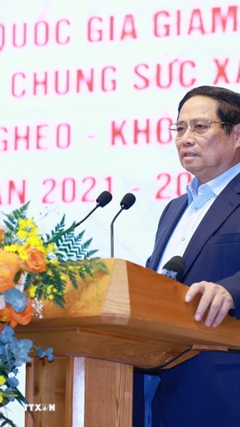 Thủ tướng Phạm Minh Chính phát biểu tại Hội nghị toàn quốc tổng kết Chương trình mục tiêu quốc gia xây dựng nông thôn mới. (Ảnh: Dương Giang/TTXVN)
