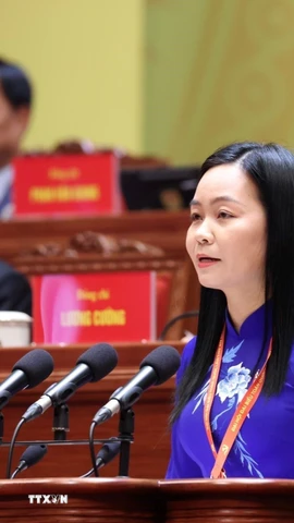 Đồng chí Nguyễn Thị Thúy Lam, Bí thư Đảng ủy, Chủ tịch HĐND xã Tân Khánh Trung (tỉnh Đồng Tháp), trình bày tham luận “Xây dựng địa phương hạnh phúc, góp phần hiện thực hóa khát vọng xây dựng đất nước phồn vinh, thịnh vượng.” (Ảnh: TTXVN)