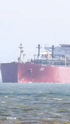Tàu chở dầu khí tự nhiên hóa lỏng di chuyển qua eo biển Hormuz. (Ảnh: ANI/TTXVN)