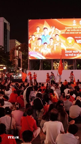 Người hâm mộ ngồi trật tự chuẩn bị xem trận bán kết qua màn hình Led khổng lồ có kích thước 12m x 7m tại phố đi bộ Nguyễn Huệ. (Ảnh: Trung Tuyến/TTXVN)