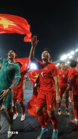 Các cầu thủ U22 Việt Nam hân hoan chia vui với người hâm mộ trên sân Rajamangala. (Ảnh: Minh Quyết/TTXVN)