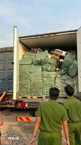 Lực lượng chức năng kiểm tra phát hiện 2 xe tải đông lạnh chứa hàng hóa không hóa đơn chứng từ chứng minh nguồn gốc xuất xứ. (Ảnh: TTXVN phát)