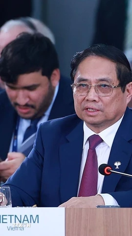 Thủ tướng Phạm Minh Chính phát biểu tại Phiên thảo luận cấp cao "Tăng cường chủ nghĩa đa phương, các vấn đề kinh tế-tài chính và trí tuệ nhân tạo." (Ảnh: Dương Giang/TTXVN)