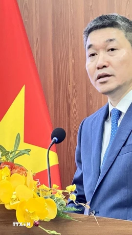 Chủ tịch Liên hiệp các tổ chức hữu nghị Việt Nam Phan Anh Sơn phát biểu tại buổi Gặp gỡ. (Ảnh: Hải Ngọc/TTXVN)