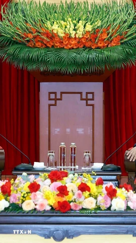 Tổng Bí thư Tô Lâm tiếp Giám đốc Học viện Tổng thống Liên bang Nga Aleksey Komissarov. (Ảnh: Thống Nhất/TTXVN)