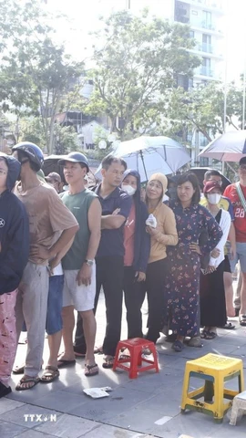 Rất đông người dân xếp hàng mua vé xem trận chung kết bóng chuyền VTV Cup 2025. (Ảnh: Nguyễn Thảo/TTXVN)