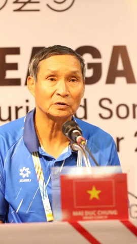 HLV Mai Đức Chung phát biểu tại họp báo sau trận đấu. (Nguồn: VFF)