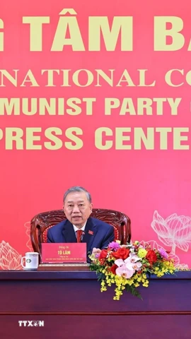 Tổng Bí thư Tô Lâm chủ trì họp báo công bố kết quả Đại hội XIV của Đảng. (Ảnh: TTXVN)