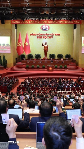 Các đại biểu biểu quyết thông qua Nghị quyết Đại hội XIV của Đảng. (Ảnh: TTXVN)