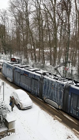 Một tuyến tàu điện ở Brussels bị đình trệ do băng tuyết hôm 7/1. (Ảnh: Hương Giang/TTXVN)