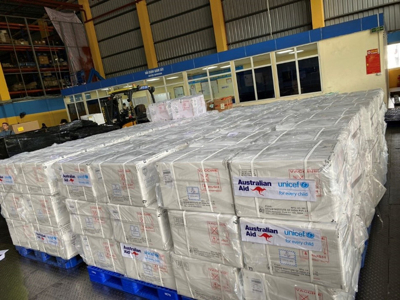 Viện Vệ sinh dịch tễ Trung ương đã tiếp nhận 490.600 liều vaccine DPT-VGB-Hib do Chính phủ Australia tài trợ cho Việt Nam. (Ảnh: PV/Vietnam+)