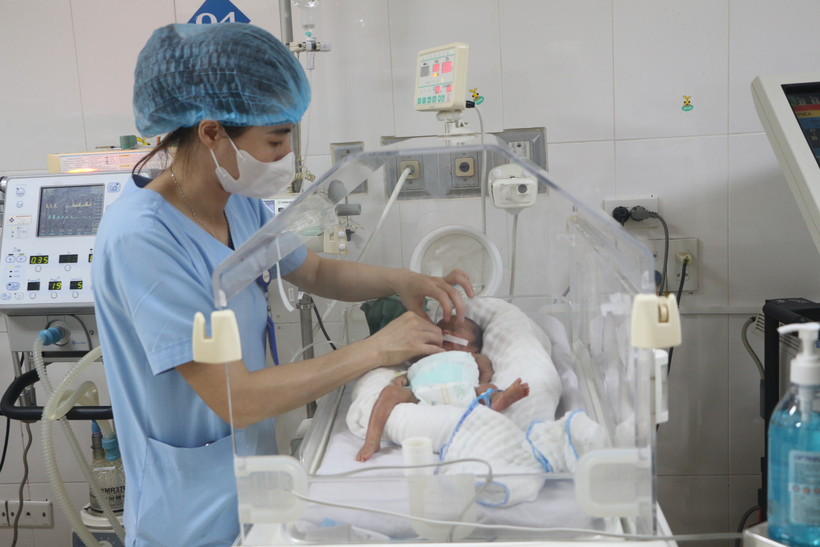 Nhân viên y tế chăm sóc cho trẻ sinh non. (Ảnh: Bích Huệ/TTXVN)