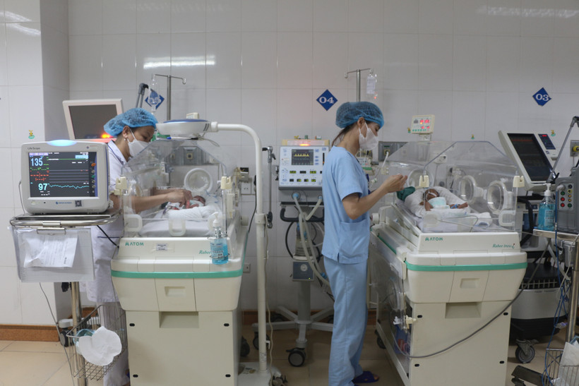 Bác sĩ, điều dưỡng Khoa Hồi sức sơ sinh chăm sóc các bé sinh non. (Ảnh: Bích Huệ/TTXVN)