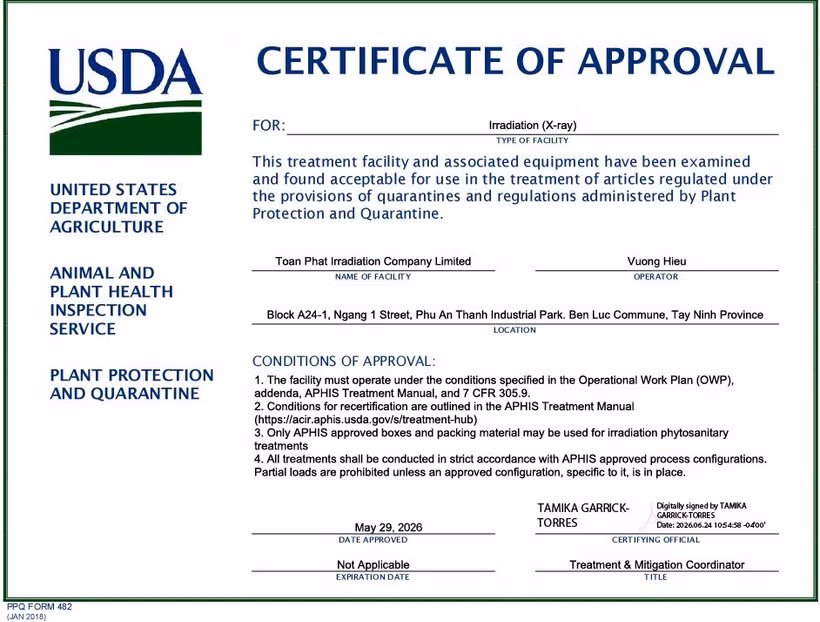 APHIS (USDA) chính thức chấp thuận bổ sung công nghệ X-ray cho Nhà máy Chiếu xạ Toàn Phát.