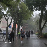 Mưa nhỏ khiến đường ướt và trơn trên đường phố Hà Nội. (Ảnh: Mai Hiền/TTXVN phát)