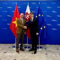 Đại sứ Việt Nam tại Slovakia Phạm Trường Giang và Thứ trưởng Thứ nhất phụ trách chính trị Bộ Ngoại giao và các vấn đề châu Âu của Slovakia Marek Estok. (Ảnh: TTXVN phát)