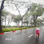 Mưa phùn và sương mù xuất hiện từ sáng sớm khiến tầm nhìn bị hạn chế đối với người tham gia giao thông. (Ảnh: Thành Đạt/TTXVN)