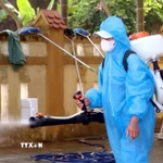Phun hóa chất phòng chống dịch bệnh sau lũ. (Ảnh: TTXVN phát)