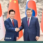 Chủ tịch Trung Quốc Tập Cận Bình (phải) và Tổng thống Hàn Quốc Lee Jae Myung tại cuộc hội đàm ở Bắc Kinh ngày 5/1. (Ảnh: THX/TTXVN)