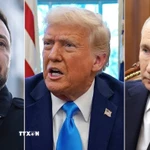 (Từ trái sang) Tổng thống Ukraine Volodymyr Zelensky, Tổng thống Mỹ Donald Trump và Tổng thống Nga Vladimir Putin. (Ảnh: AP/TTXVN)