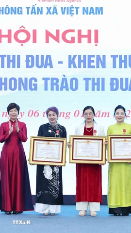 Đồng chí Vũ Việt Trang, Uỷ viên Ban chấp hành Đảng bộ Khối các cơ quan Trung ương, Bí thư Đảng uỷ, Tổng giám đốc Thông tấn xã Việt Nam trao Huân chương lao động hạng Nhất và Nhì cho ba cá nhân. (Ảnh: Minh Đức/TTXVN)