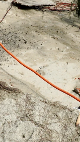 Xói lở cát làm lộ thiên ống điện ngầm. (Ảnh: Lê Phước Ngọc/TTXVN)