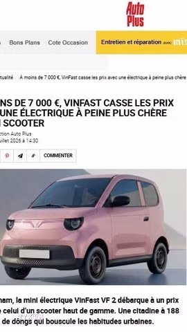 Bài đăng ngày 9/7/2026 trên tạp chí ôtô Auto Plus - một trong những ấn phẩm chuyên ngành ôtô có lượng phát hành lớn tại Pháp, với những đánh giá tích cực về mẫu xe điện mini VF 2 của VinFast. (Ảnh: TTXVN phát)