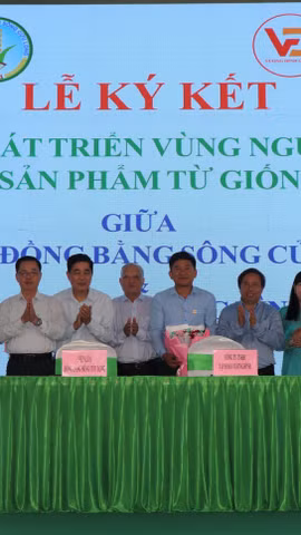 Viện Lúa Đồng bằng sông Cửu Long và Công ty TNHH Tập đoàn Vương Đình ký kết hợp tác cùng phát triển sản xuất khoảng 200.000ha lúa OM19 tại Đồng bằng sông Cửu Long nhằm xây dựng thương hiệu “Gạo Cần Thơ”. (Ảnh: Thu Hiền/TTXVN)