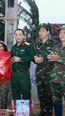 Lực lượng quân đội Bộ chỉ huy Quân sự thành phố Đà Nẵng giúp dân xây nhà sau mưa lũ. (Ảnh: Trần Tĩnh/TTXVN)