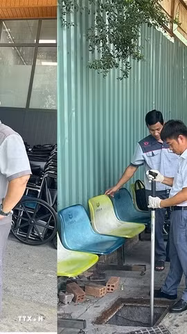 Cơ quan chức năng lấy mẫu nước thải của Bệnh viện S.I.S. (Ảnh: TTXVN phát)
