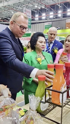 Đại diện hiệp hội doanh nghiệp trong và ngoài nước tham quan gian hàng triển lãm. (Ảnh: Mỹ Phương/TTXVN)