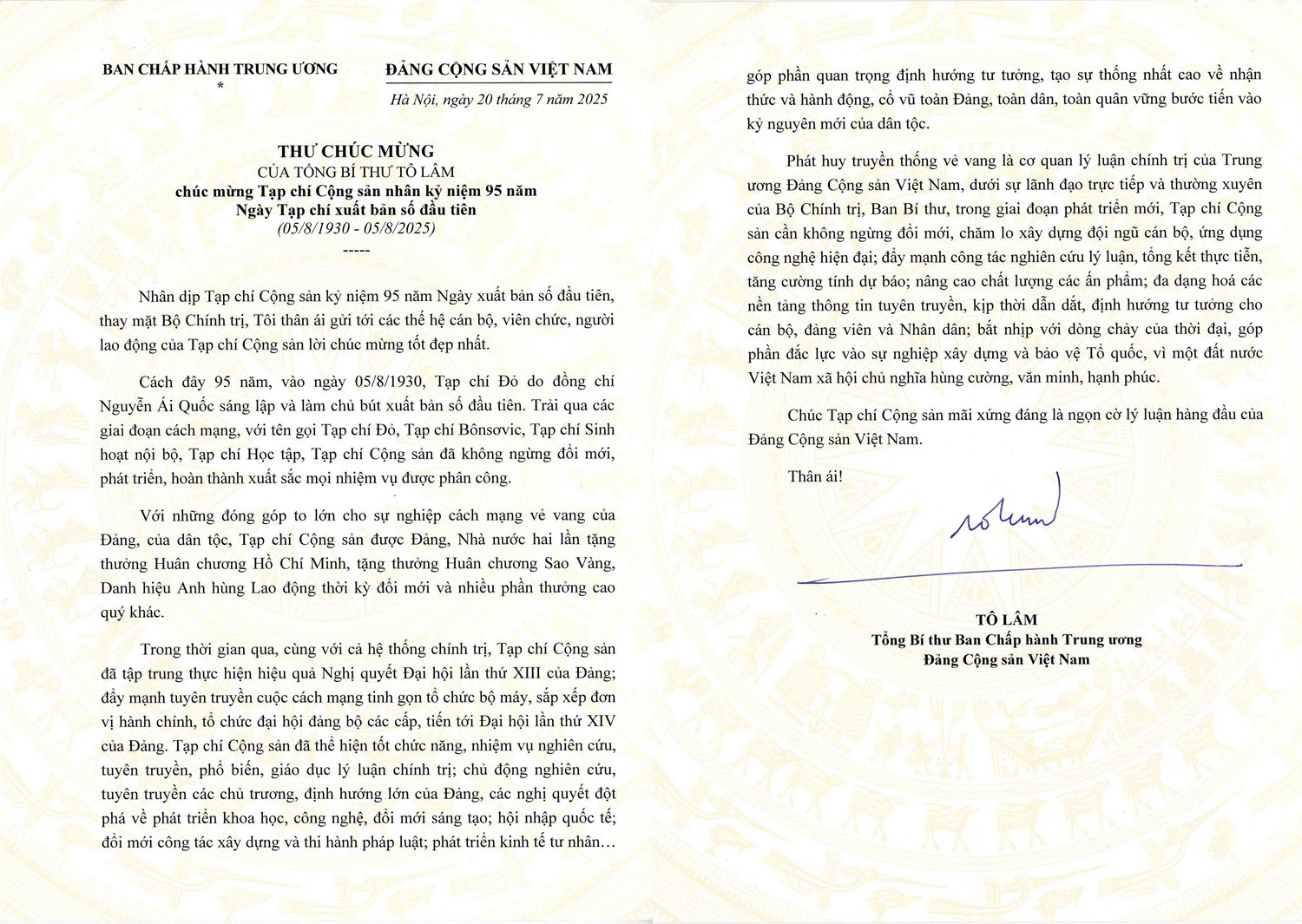 On the occasion of the 95th anniversary of the publication of the first issue of the Communist Magazine (August 5, 1930 - August 5, 2025), on July 20, 2025, Professor-Doctor To Lam, General Secretary of the Central Committee of the Communist Party of Vietnam sent a congratulatory letter. thu-chuc-mung.jpg