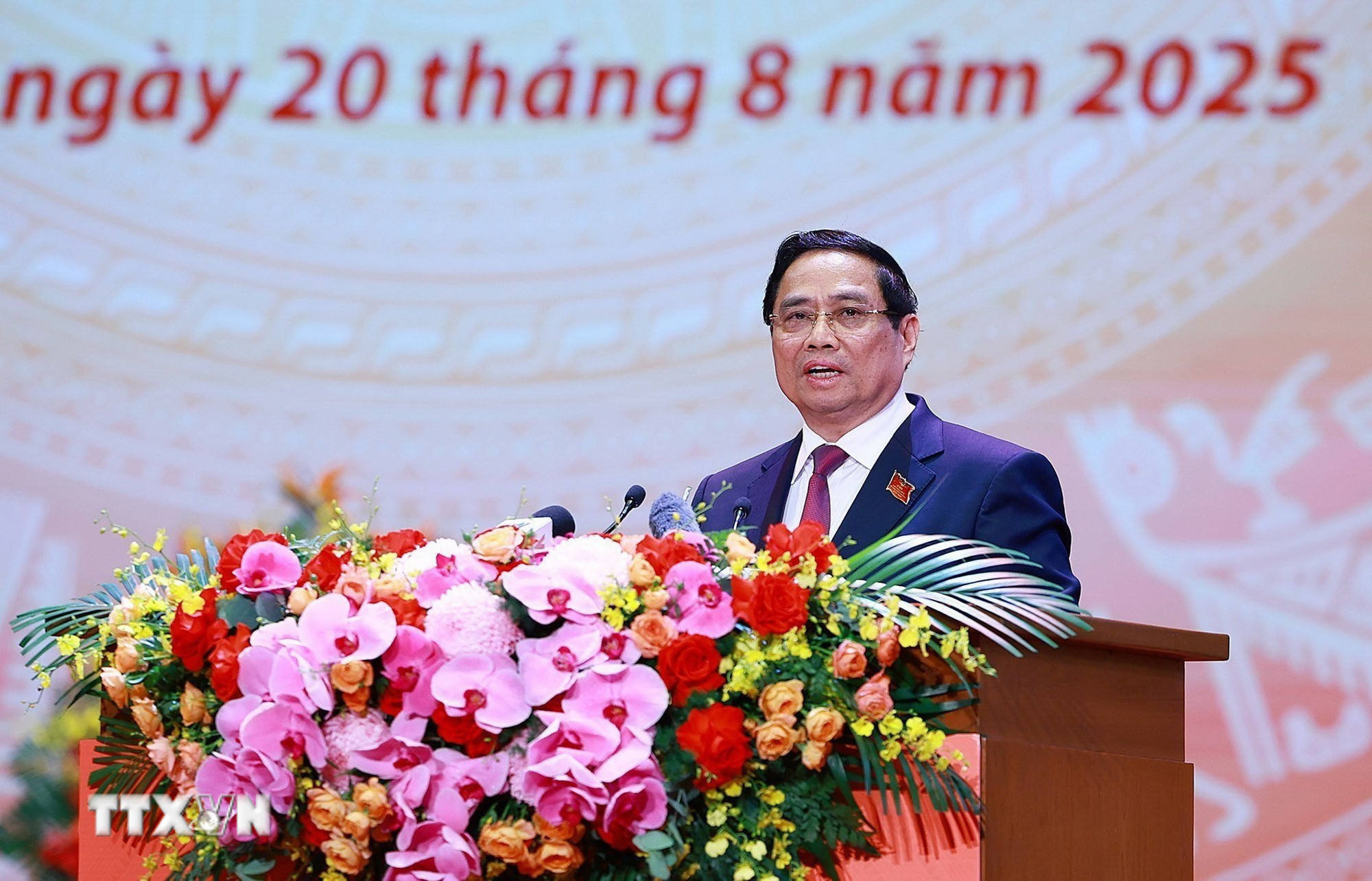 Thủ tướng Phạm Minh Chính trình bày diễn văn kỷ niệm 80 năm thành lập Chính phủ. (Ảnh: Dương Giang/TTXVN)