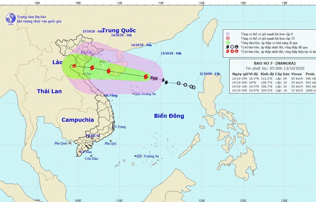 Hướng đi của cơn bão. (Nguồn: nchmf.gov.vn) Bão số 7, giật cấp 12 đi vào đất liền miền Trung từ trưa ngày 14/10 ảnh 1