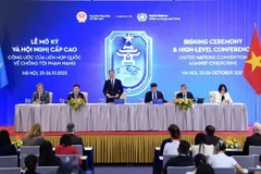 Quang cảnh buổi họp báo quốc tế thông báo kết quả Lễ mở ký Công ước Hà Nội. (Ảnh: Tuấn Anh/TTXVN)