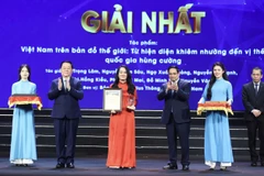Nhà báo Chu Thị Hồng Kiều, đại diện nhóm tác giả Báo Điện tử VietnamPlus nhận Giải Nhất. (Ảnh: Hoài Nam/Vietnam+)